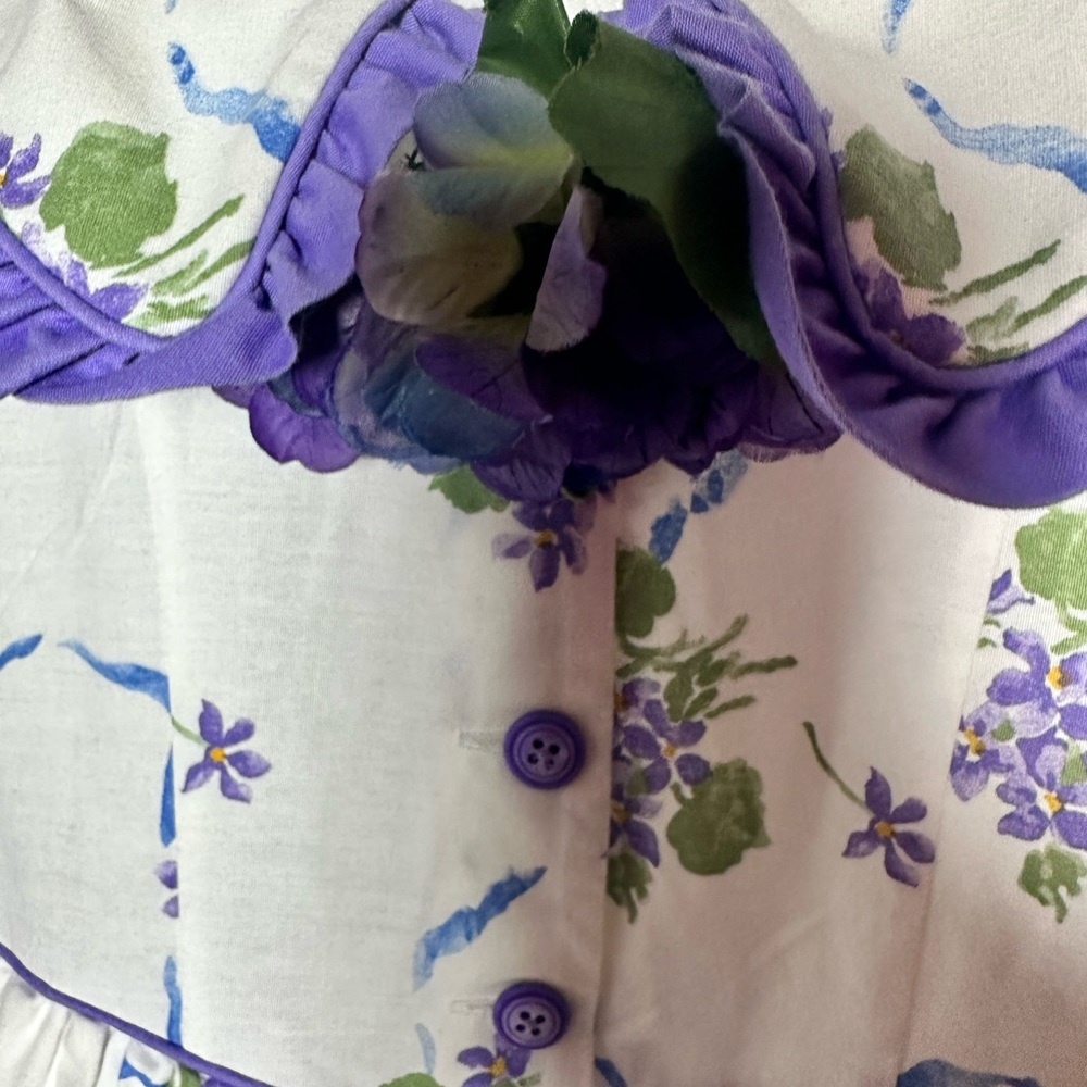 Vtg White Purple Floral Tea Dress Puff Sleeves Collar Eyelet Lace Girl’s 10/12 - Picture 4 of 6